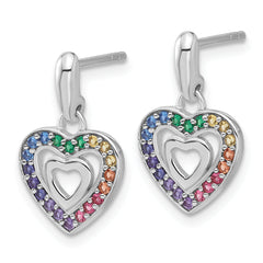 Sterling Silver Rhodium-plated Polished Multi-color Crystal Double Heart Children's Post Dangle Earrings