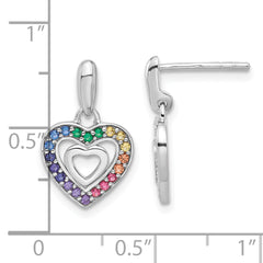 Sterling Silver Rhodium-plated Polished Multi-color Crystal Double Heart Children's Post Dangle Earrings