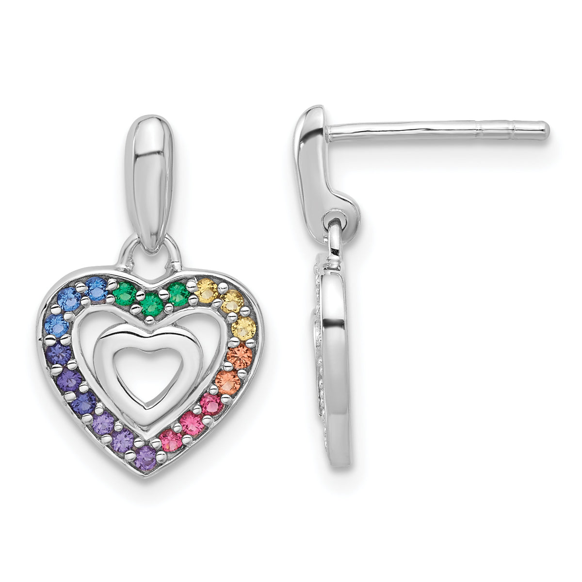 Sterling Silver Rhodium-plated Polished Multi-color Crystal Double Heart Children's Post Dangle Earrings