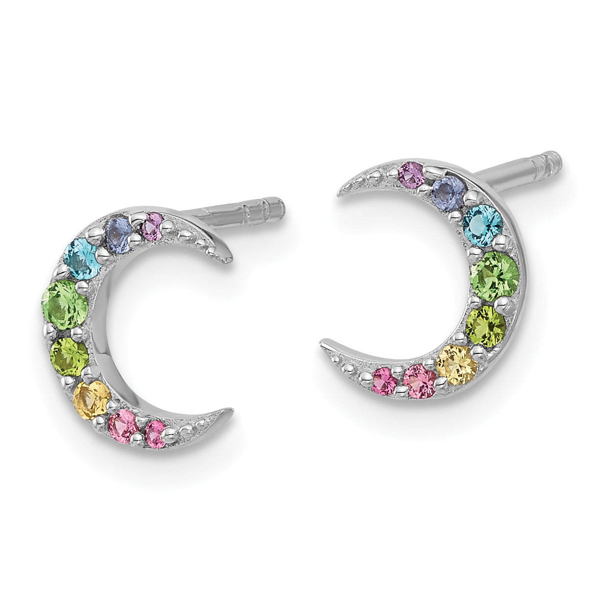 Sterling Silver Rhod-plated Rainbow Crystal Moon Children's Post Earrings