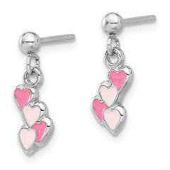 Sterling Silver Rhodium-plated Pink Enameled Hearts Children's Post Dangle Earrings