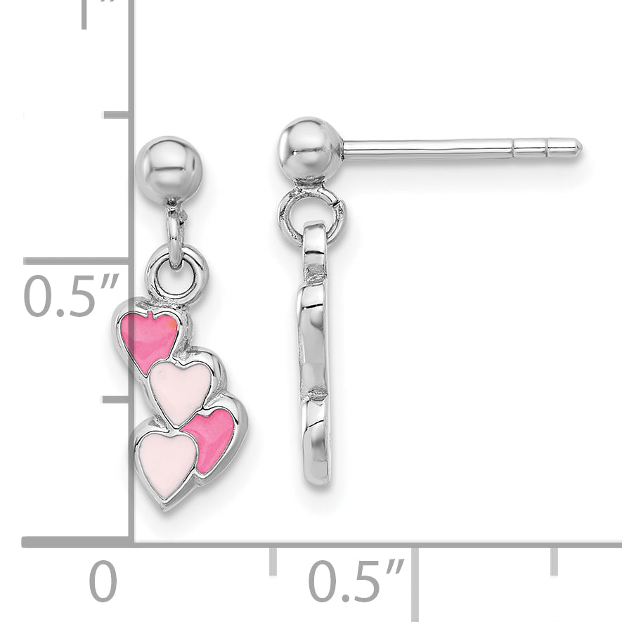 Sterling Silver Rhodium-plated Pink Enameled Hearts Children's Post Dangle Earrings