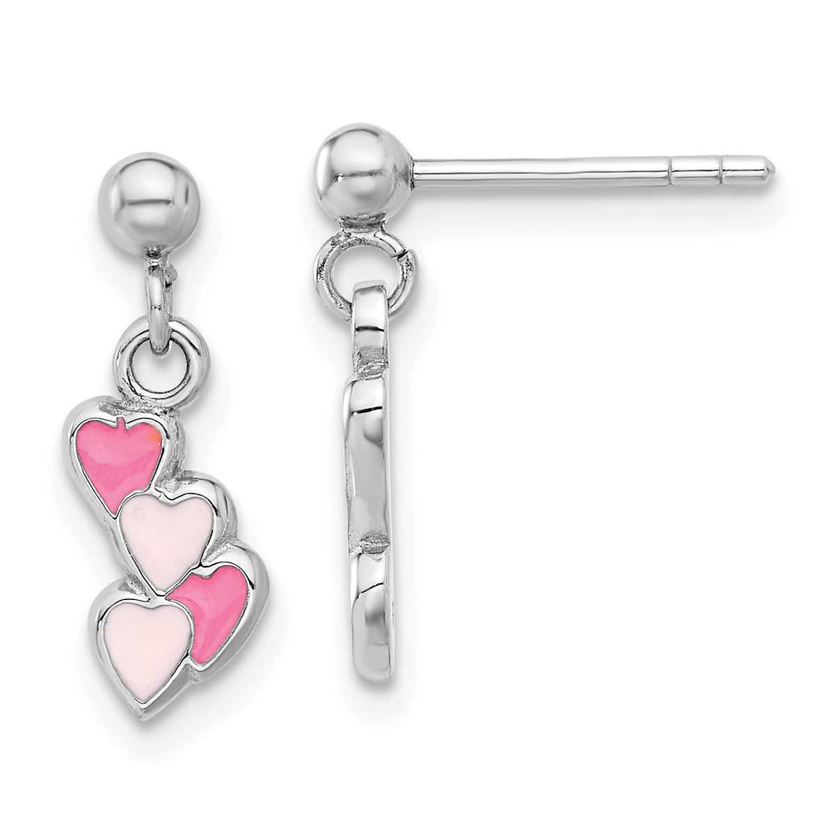 Sterling Silver Rhodium-plated Pink Enameled Hearts Children's Post Dangle Earrings