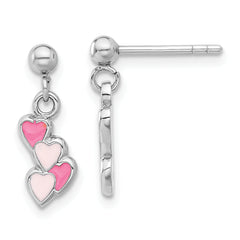 Sterling Silver Rhodium-plated Pink Enameled Hearts Children's Post Dangle Earrings