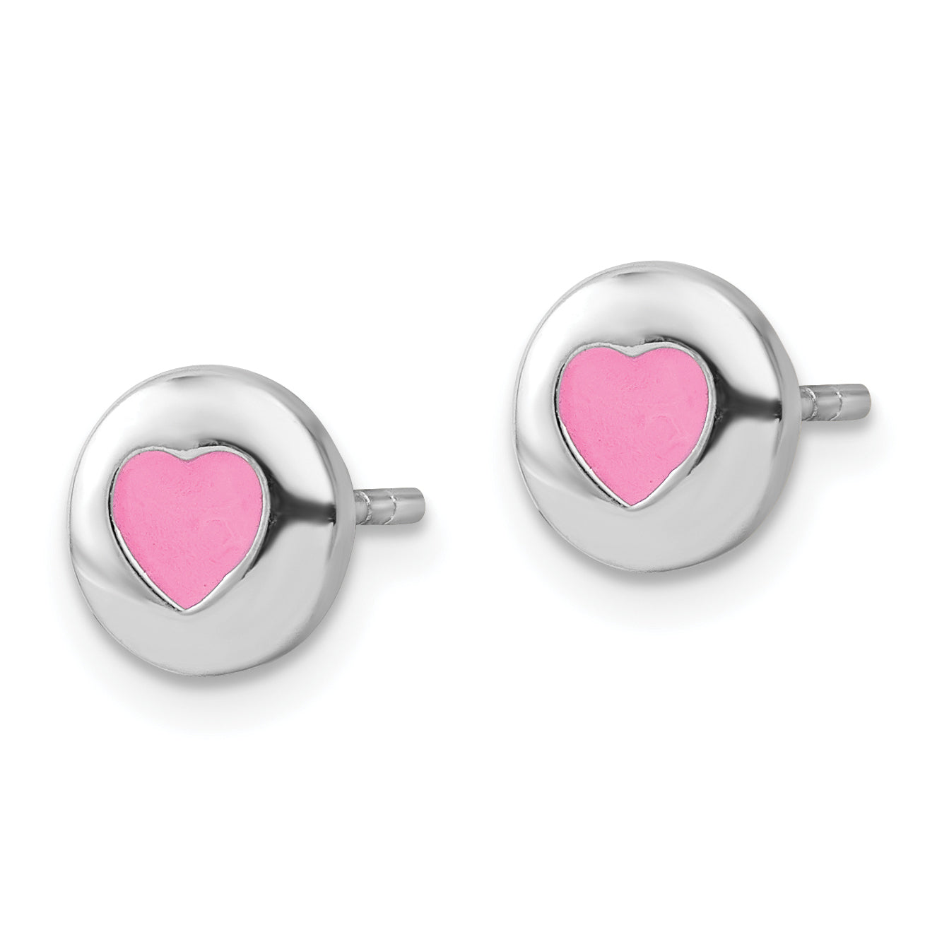 Sterling Silver Rhodium-plated Pink Enameled Heart Circle Children's Post Earrings