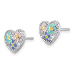 Sterling Silver Rhodium-plated Polished & Beaded Multi-color Enameled Floral Heart Children's Post Earrings