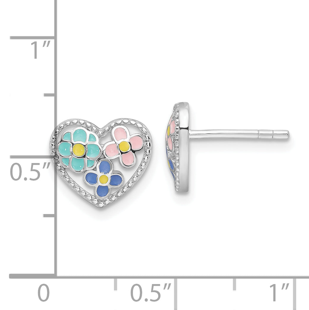 Sterling Silver Rhodium-plated Polished & Beaded Multi-color Enameled Floral Heart Children's Post Earrings