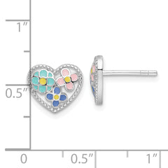 Sterling Silver Rhodium-plated Polished & Beaded Multi-color Enameled Floral Heart Children's Post Earrings