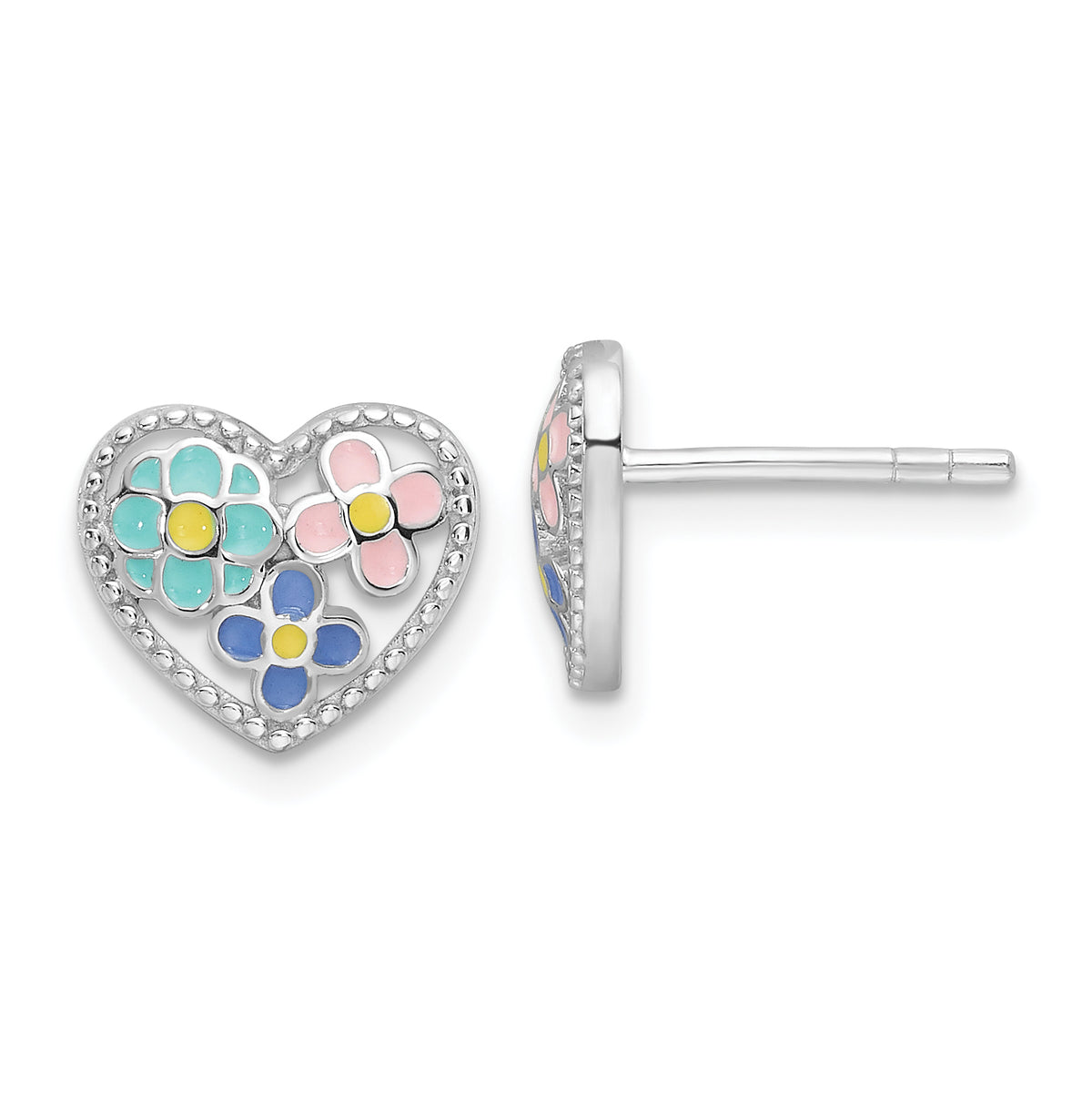 Sterling Silver Rhodium-plated Polished & Beaded Multi-color Enameled Floral Heart Children's Post Earrings