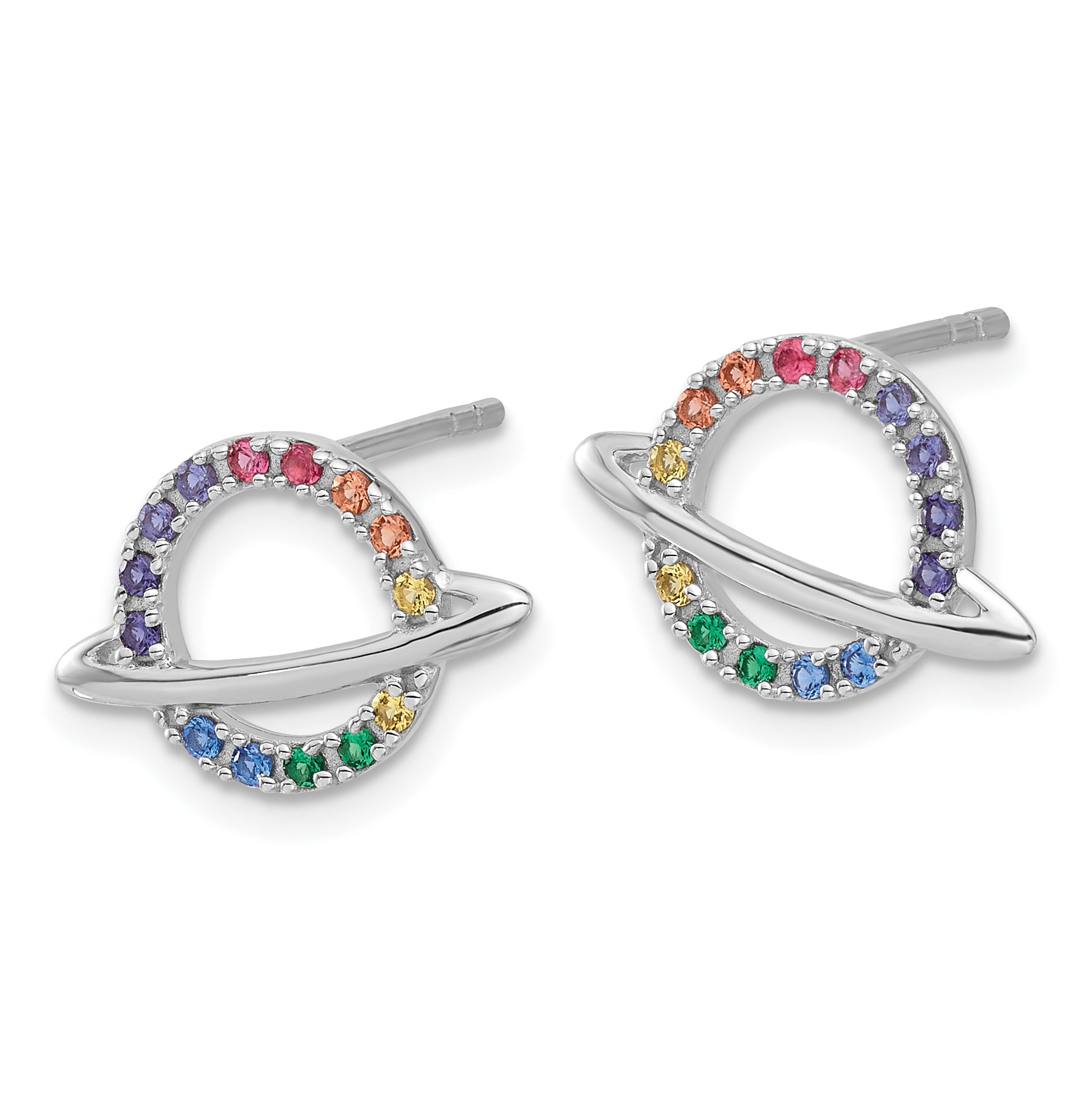 Sterling Silver RH-plated Multicolor Crystal Planet Children's Post Earring