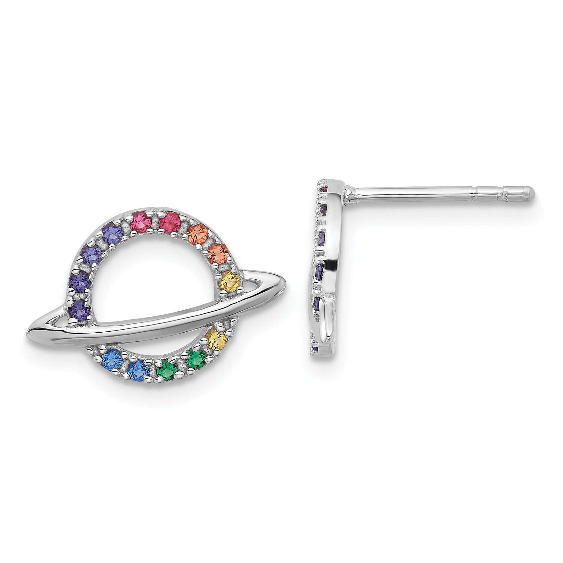 Sterling Silver RH-plated Multicolor Crystal Planet Children's Post Earring