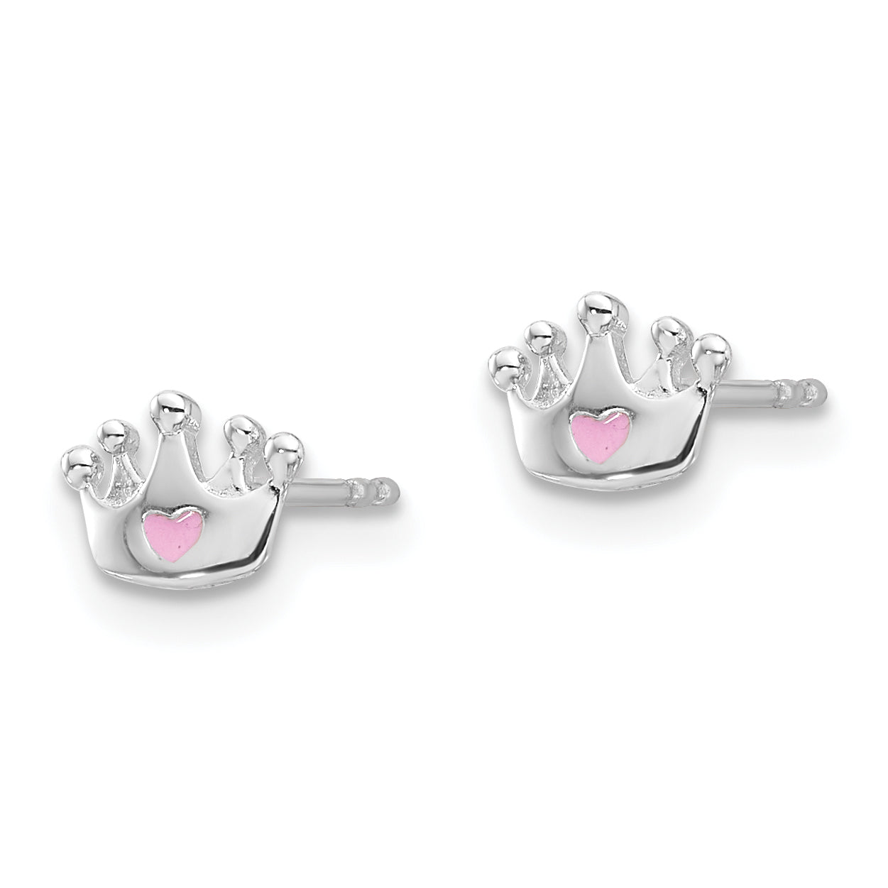 Sterling Silver RH-plated Pink Enamel Heart Crown Children's Post Earrings