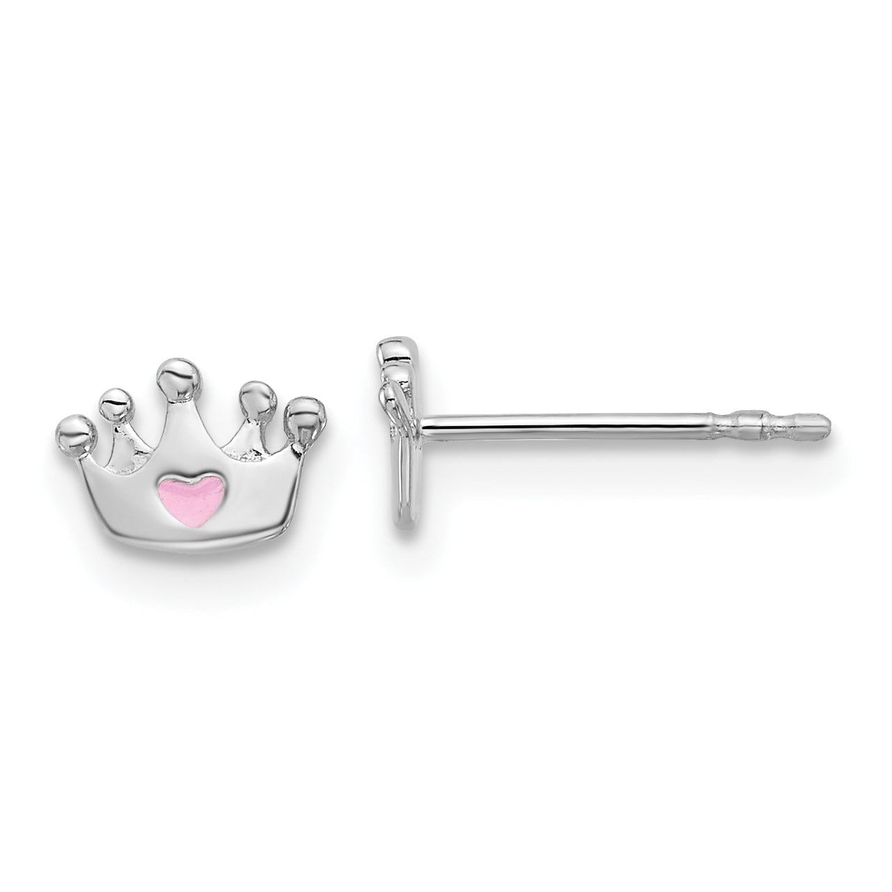 Sterling Silver RH-plated Pink Enamel Heart Crown Children's Post Earrings