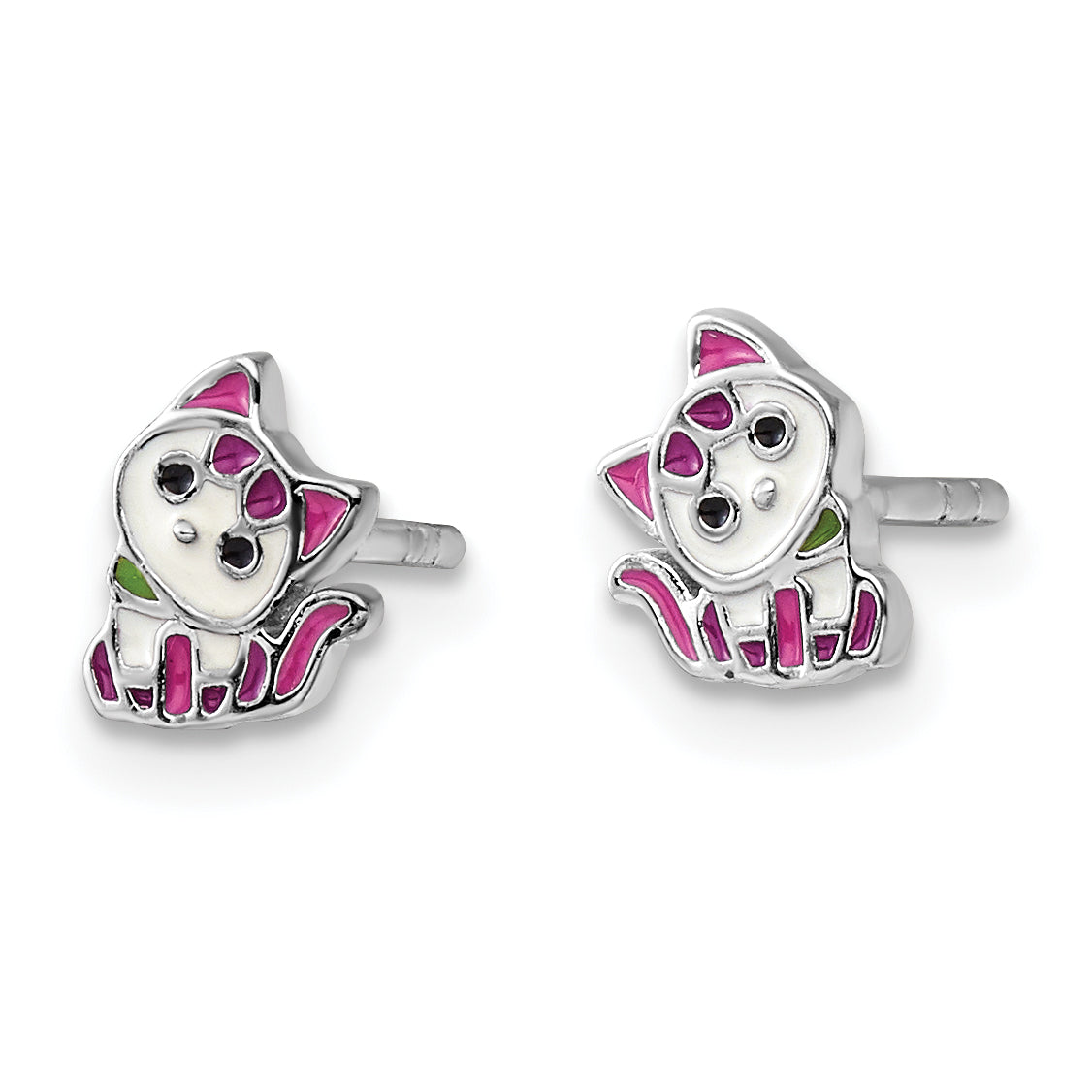 Sterling Silver RH-plated Multicolor Enameled Kitty Children's Post Earring