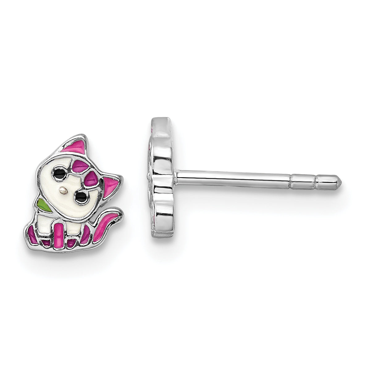 Sterling Silver RH-plated Multicolor Enameled Kitty Children's Post Earring