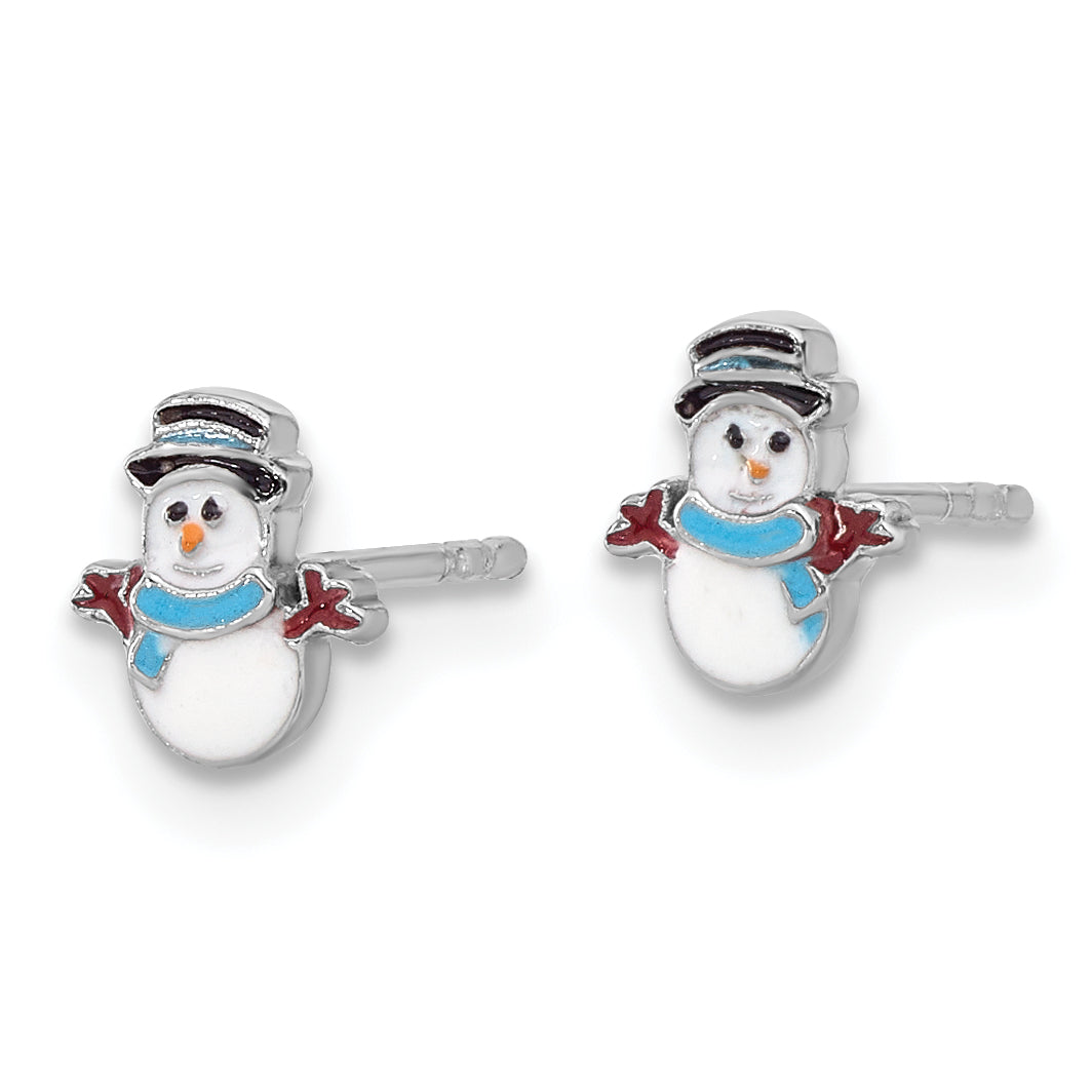 Sterling Silver Rhodium-plated Enamel Snowman Children's Post Earrings