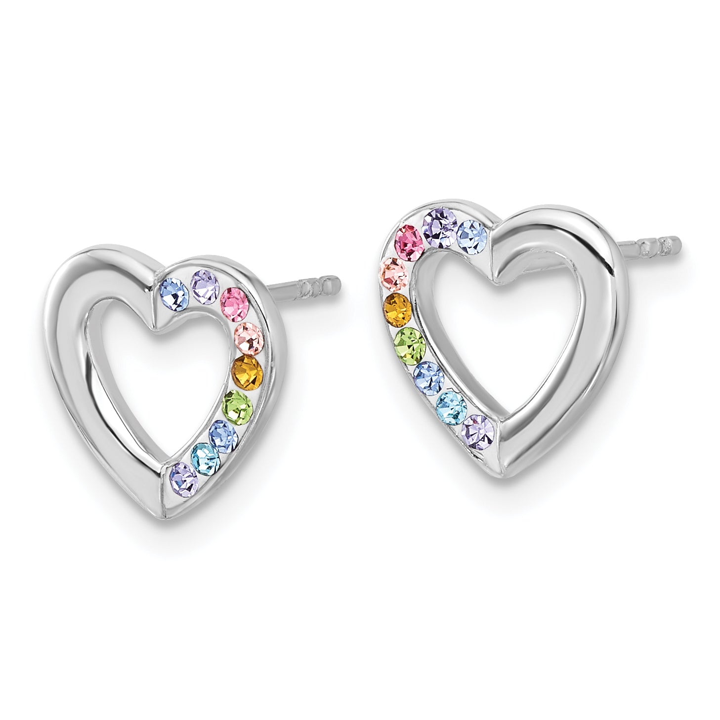 Sterling Silver RH-plated Multicolor Crystal Heart Children's Post Earrings