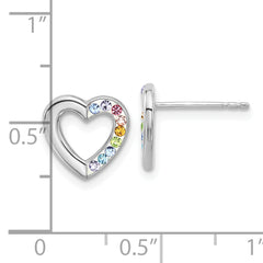 Sterling Silver RH-plated Multicolor Crystal Heart Children's Post Earrings