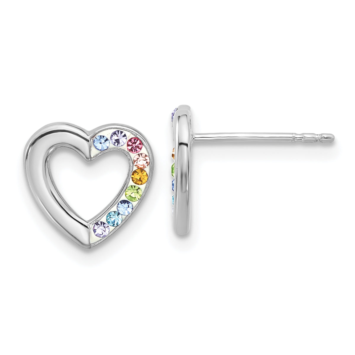 Sterling Silver RH-plated Multicolor Crystal Heart Children's Post Earrings