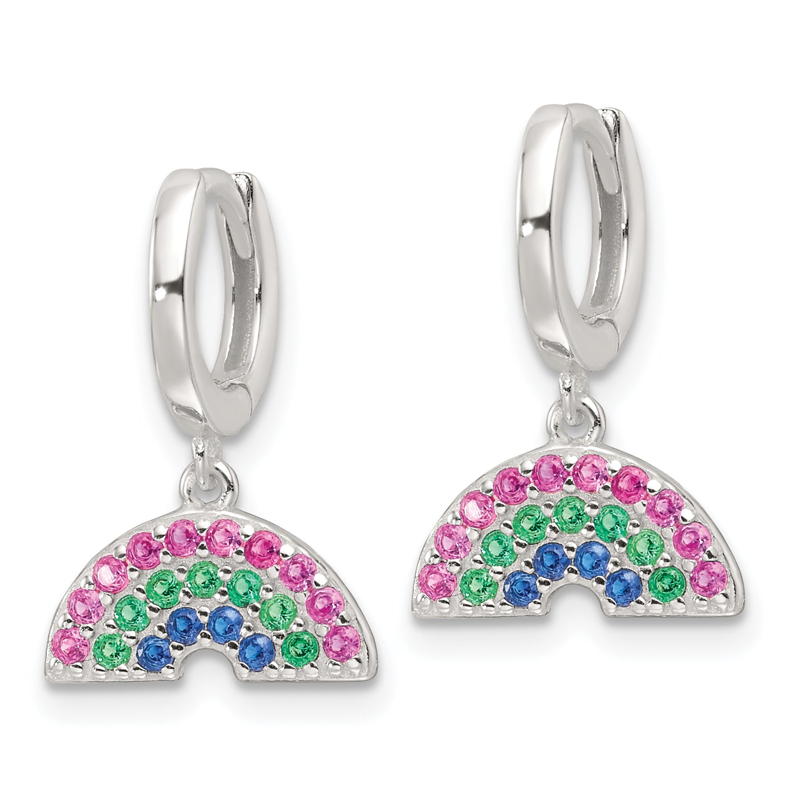 Sterling Silver E-Coating Polished Multicolor CZ Dangle Rainbow Children's Round Hoop Earrings