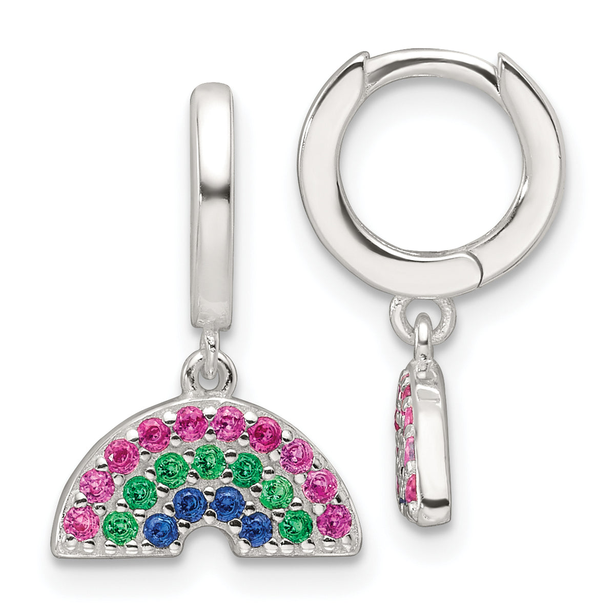 Sterling Silver E-Coating Polished Multicolor CZ Dangle Rainbow Children's Round Hoop Earrings