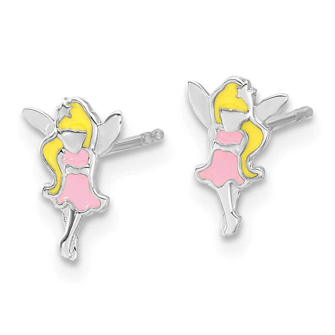 Sterling Silver RH-plated Multi-color Enamel Fairy Children's Post Earrings