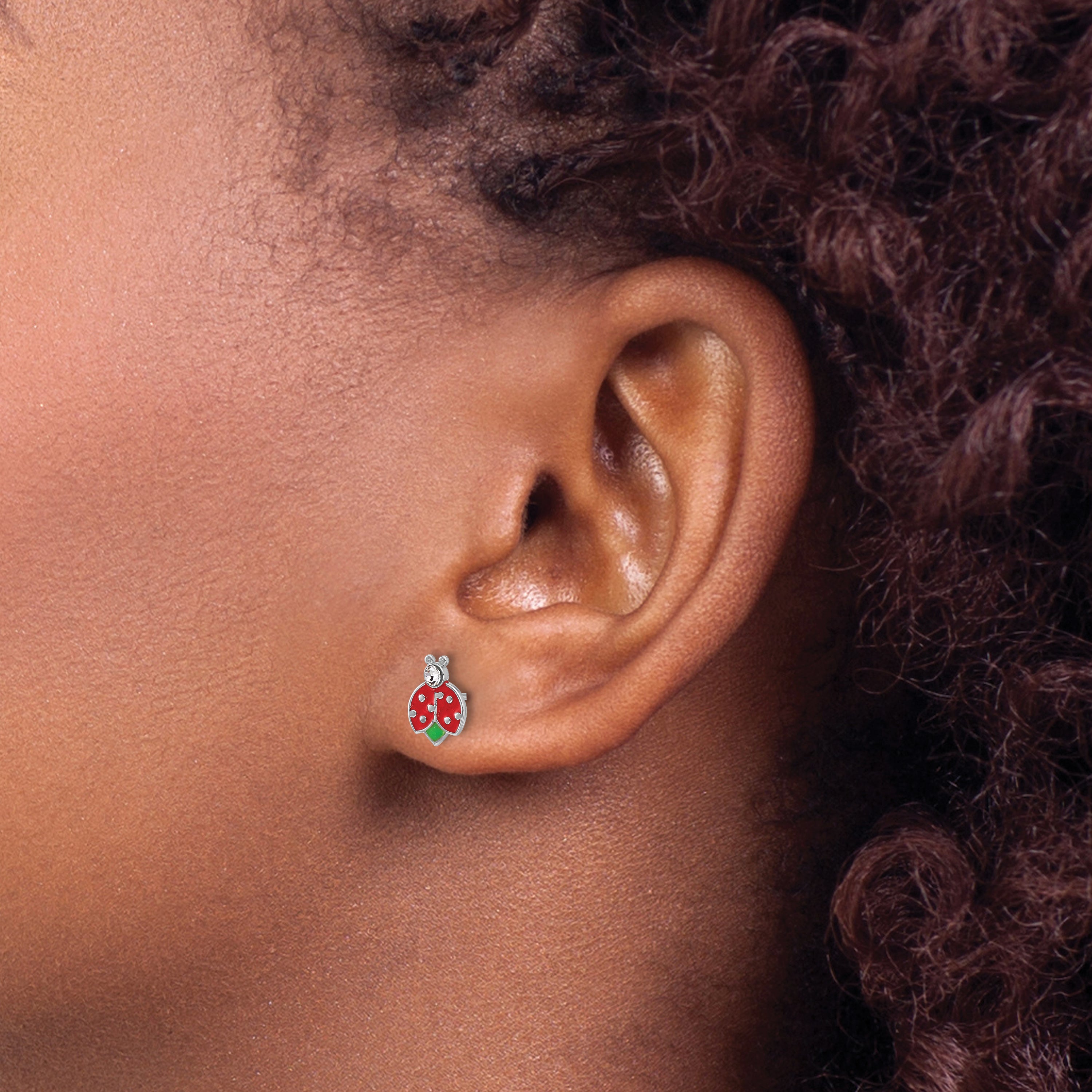 Sterling Silver Rhodium-plated Polished Enameled & Crystal Ladybug Children's Post Earrings