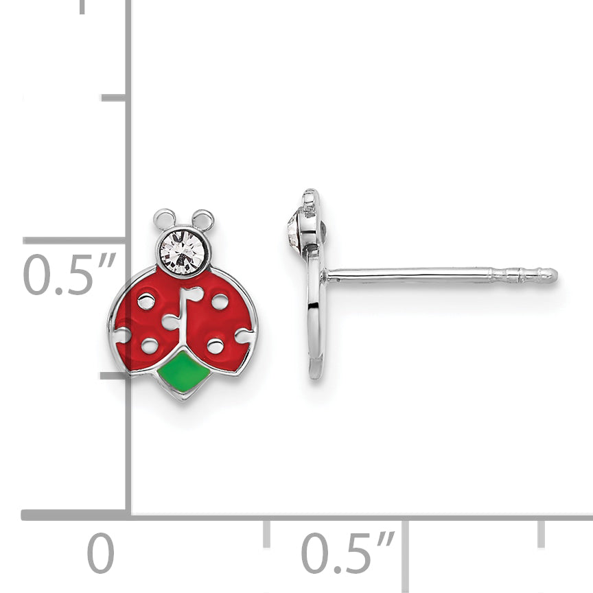 Sterling Silver Rhodium-plated Polished Enameled & Crystal Ladybug Children's Post Earrings