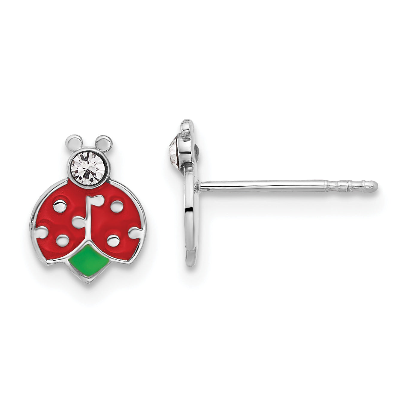 Sterling Silver Rhodium-plated Polished Enameled & Crystal Ladybug Children's Post Earrings