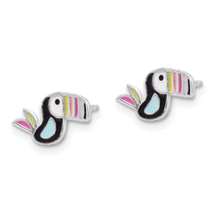 Sterling Silver Rhodium-plated Polished Multi-color Enameled Toucan Bird Children's Post Earrings