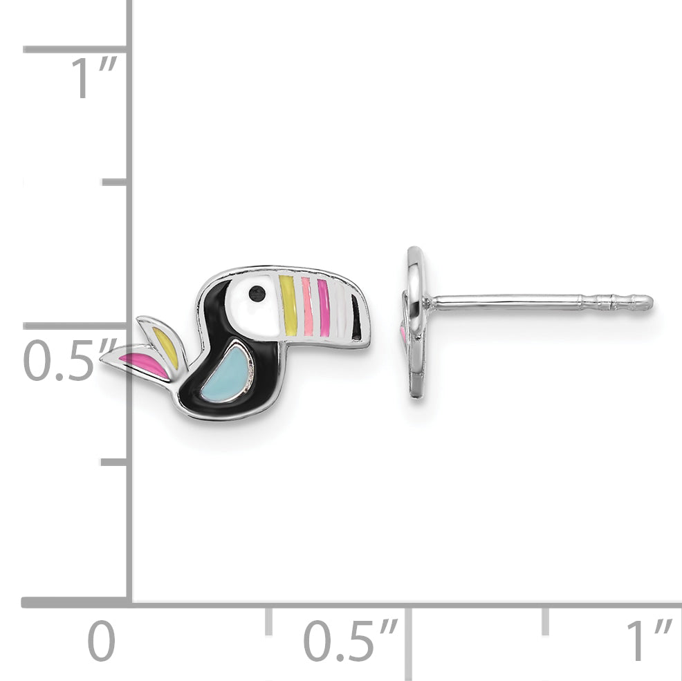 Sterling Silver Rhodium-plated Polished Multi-color Enameled Toucan Bird Children's Post Earrings