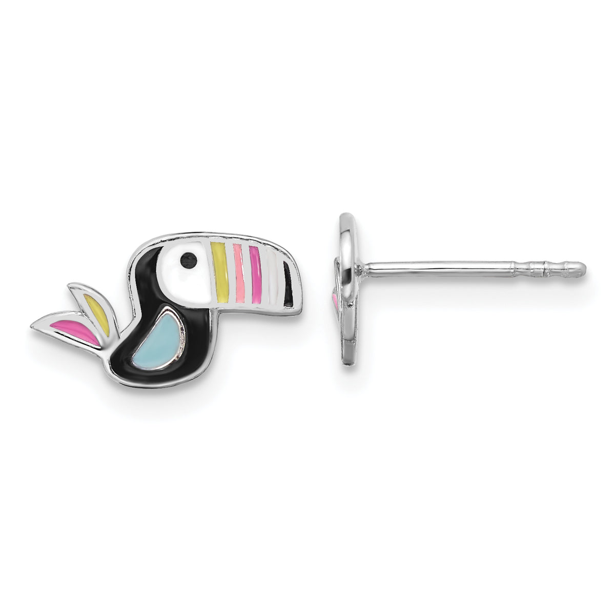 Sterling Silver Rhodium-plated Polished Multi-color Enameled Toucan Bird Children's Post Earrings