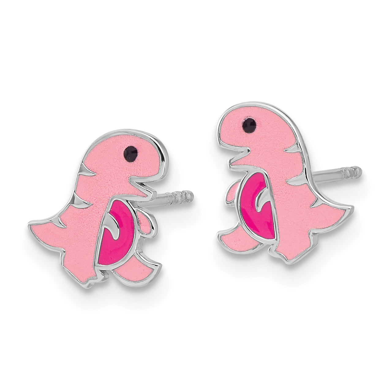 Sterling Silver Rhodium-plated Polished Pink Enamel Dinosaur Children's Post Earrings