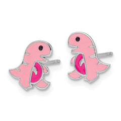 Sterling Silver Rhodium-plated Polished Pink Enamel Dinosaur Children's Post Earrings