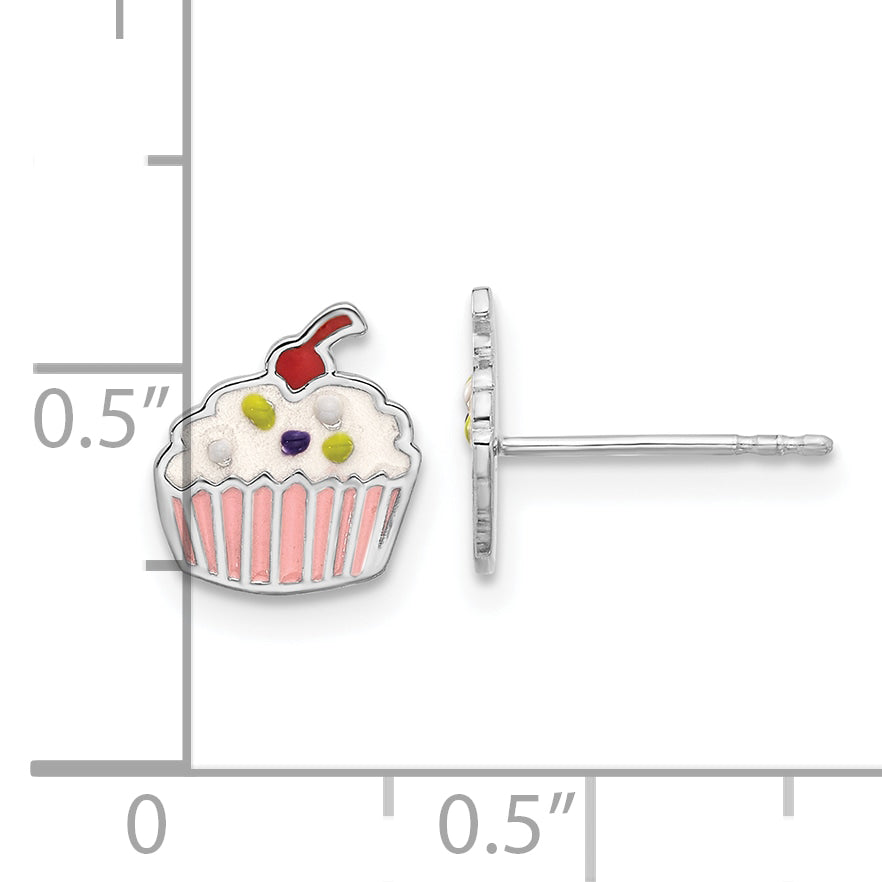 Sterling Silver Rhodium-plated Polished Multi-color Enamel Cupcake Children's Post Earrings