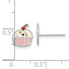 Sterling Silver Rhodium-plated Polished Multi-color Enamel Cupcake Children's Post Earrings