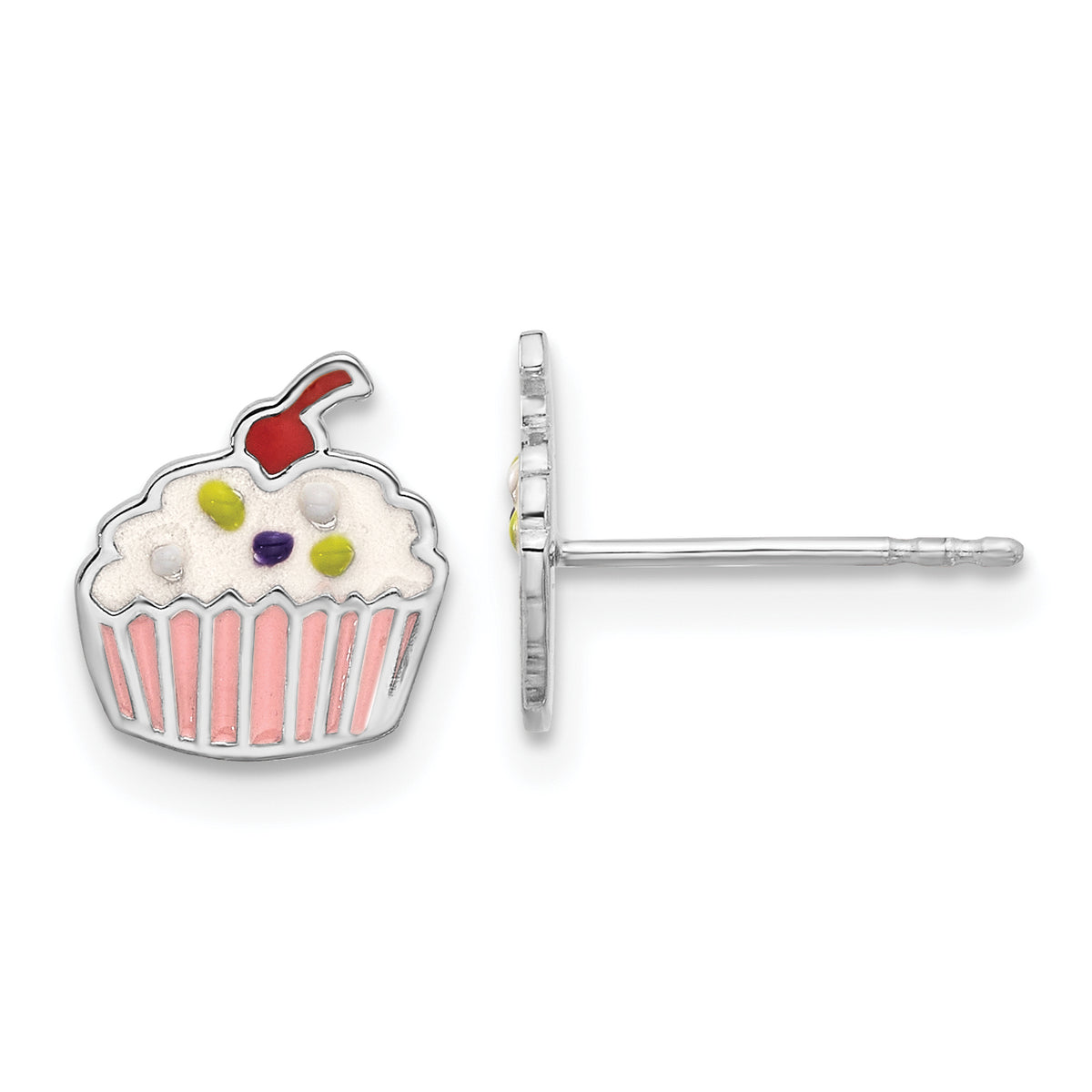 Sterling Silver Rhodium-plated Polished Multi-color Enamel Cupcake Children's Post Earrings