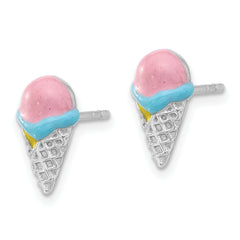 Sterling Silver Rhodium-plated Polished Multi-color Enamel Ice Cream Cone Children's Post Earrings