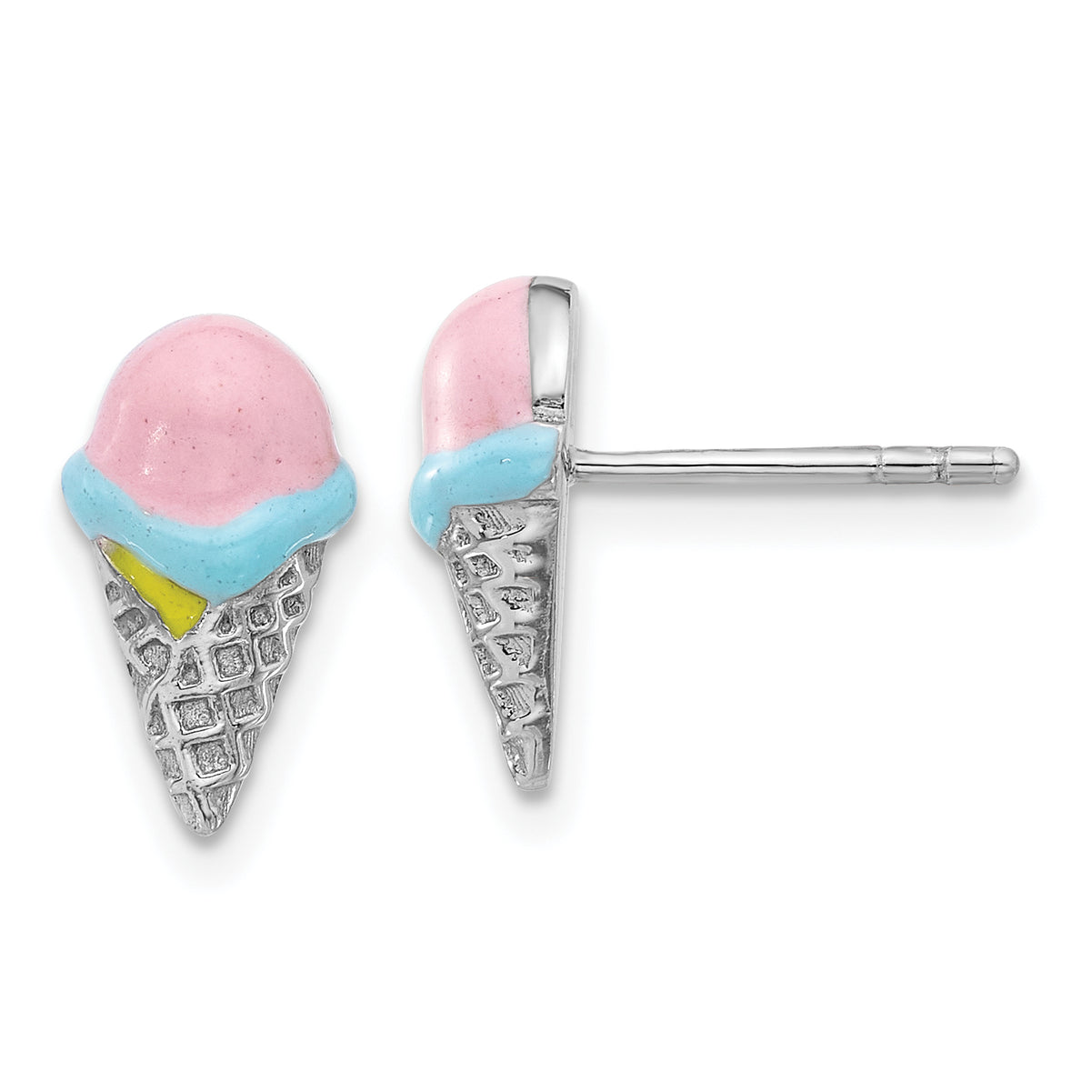 Sterling Silver Rhodium-plated Polished Multi-color Enamel Ice Cream Cone Children's Post Earrings