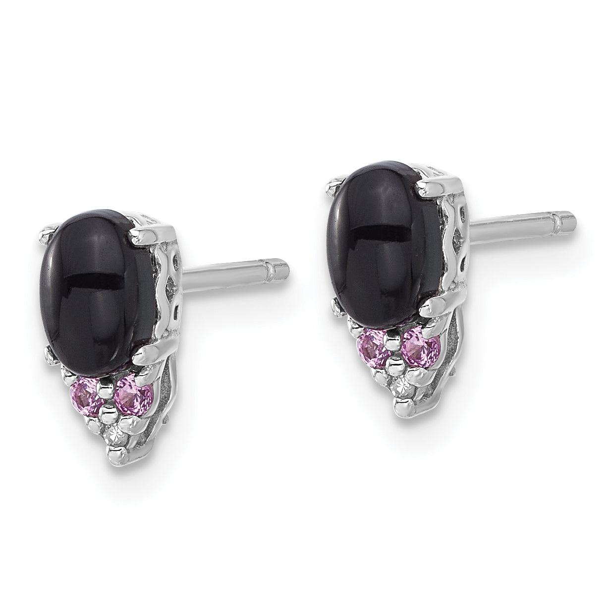 Sterling Silver Rh-plated Black Onyx .08 Cr.Pink Sapphire/Dia. Post Earring