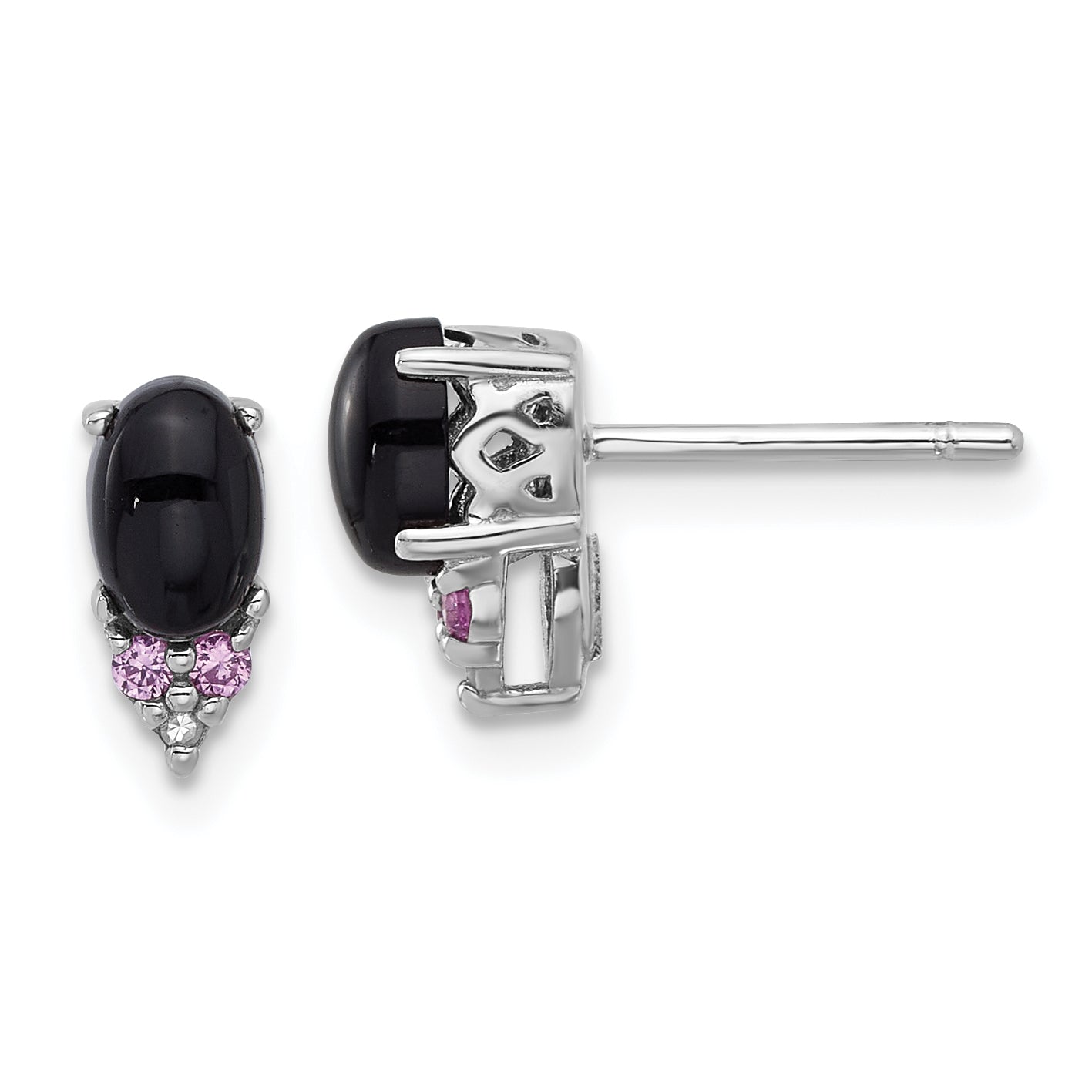 Sterling Silver Rh-plated Black Onyx .08 Cr.Pink Sapphire/Dia. Post Earring