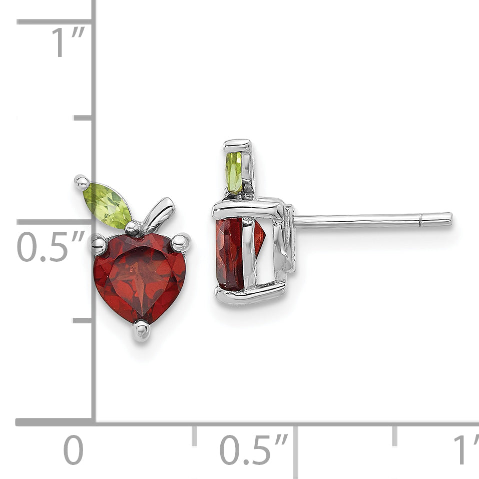 Sterling Silver Rhodium-plated Garnet and Peridot Apple Post Earrings