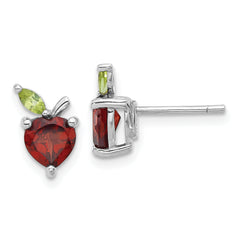 Sterling Silver Rhodium-plated Garnet and Peridot Apple Post Earrings