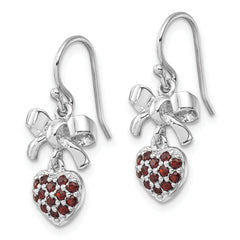 Sterling Silver Rh-plated Polish Garnet Heart/Bow Shepherd Hook Earrings