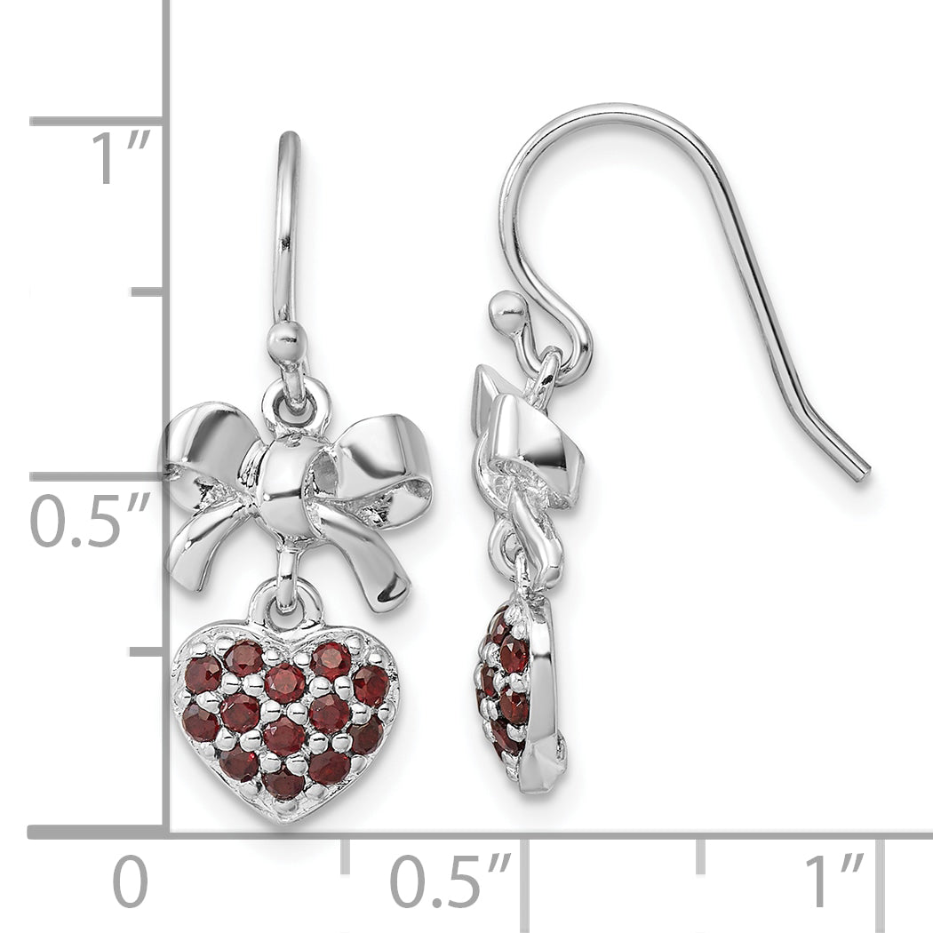 Sterling Silver Rh-plated Polish Garnet Heart/Bow Shepherd Hook Earrings