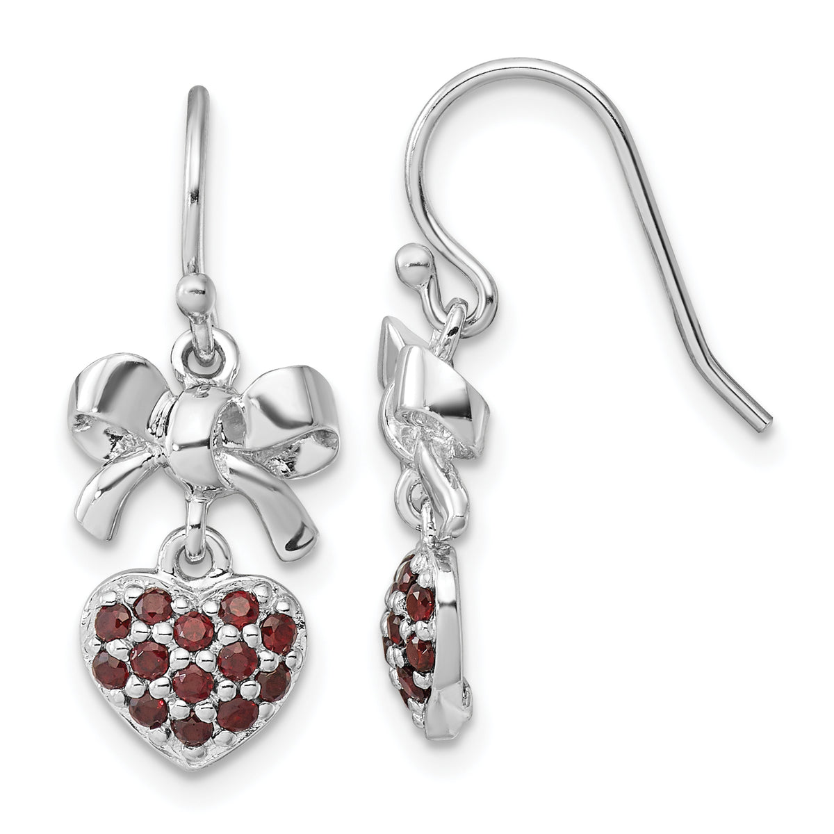 Sterling Silver Rh-plated Polish Garnet Heart/Bow Shepherd Hook Earrings