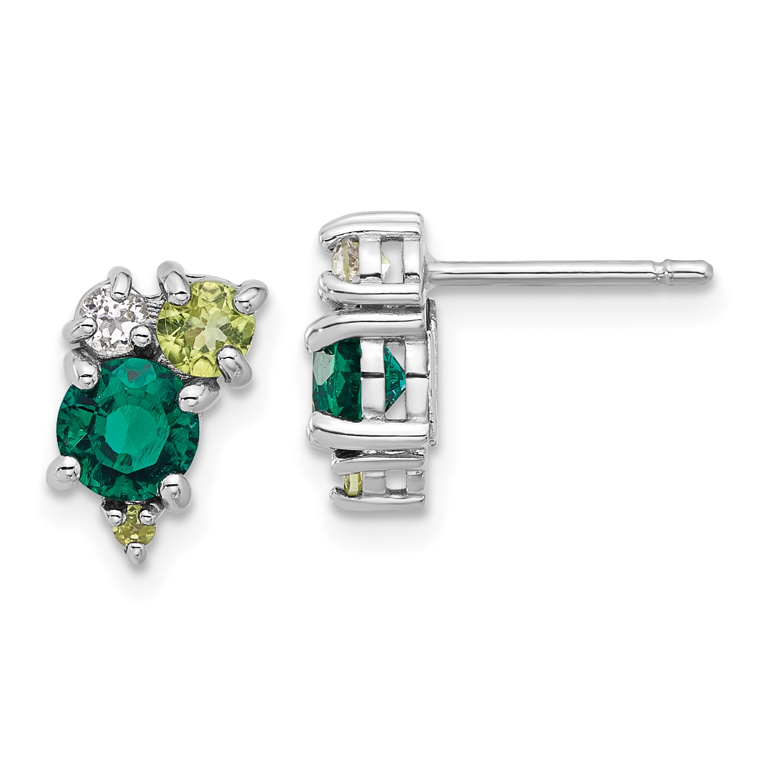 Sterling Silver Rhodium Cr.Emerald Peridot and White Topaz Post Earrings