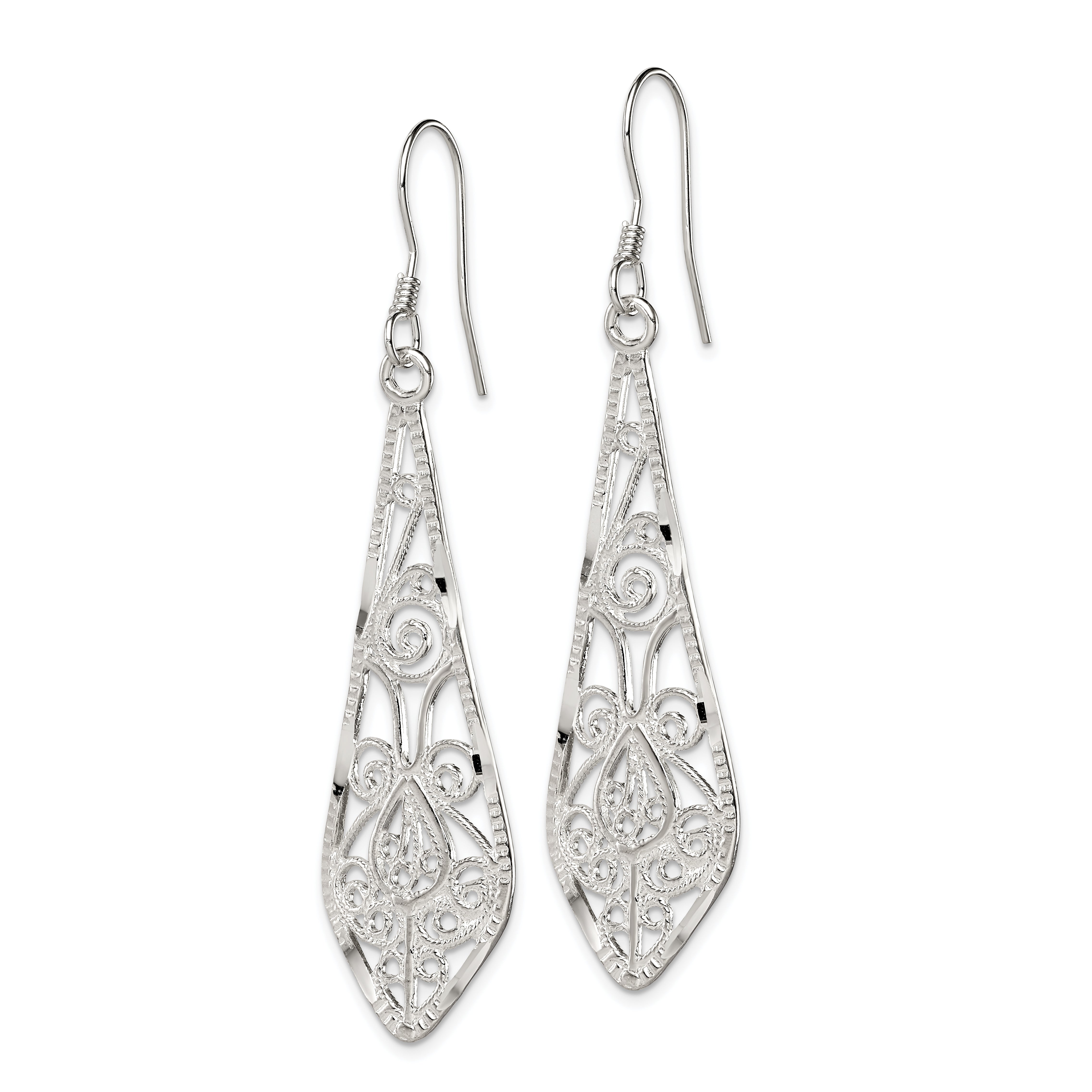 Sterling Silver Polished D/C Filigree Elongated Teardrop Dangle Earrings