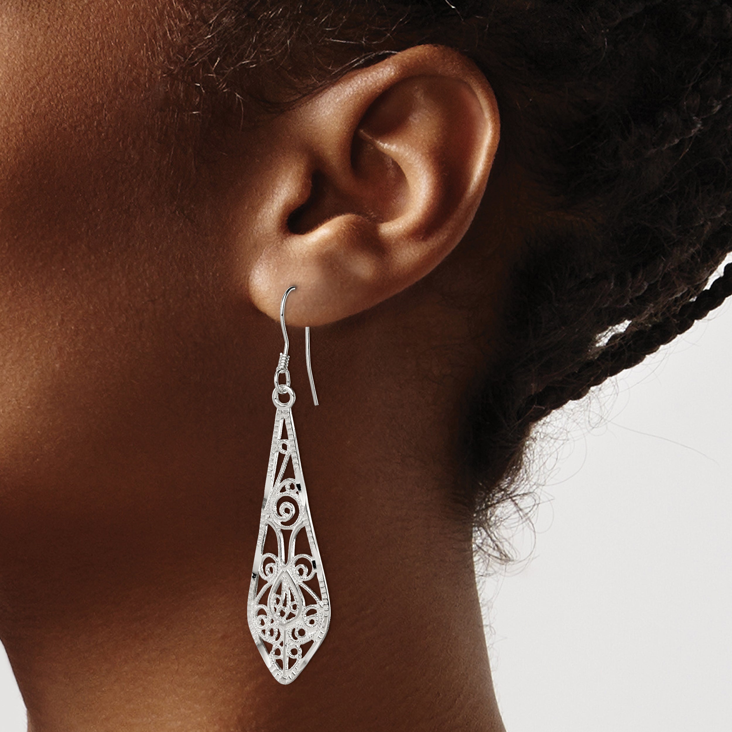 Sterling Silver Polished D/C Filigree Elongated Teardrop Dangle Earrings