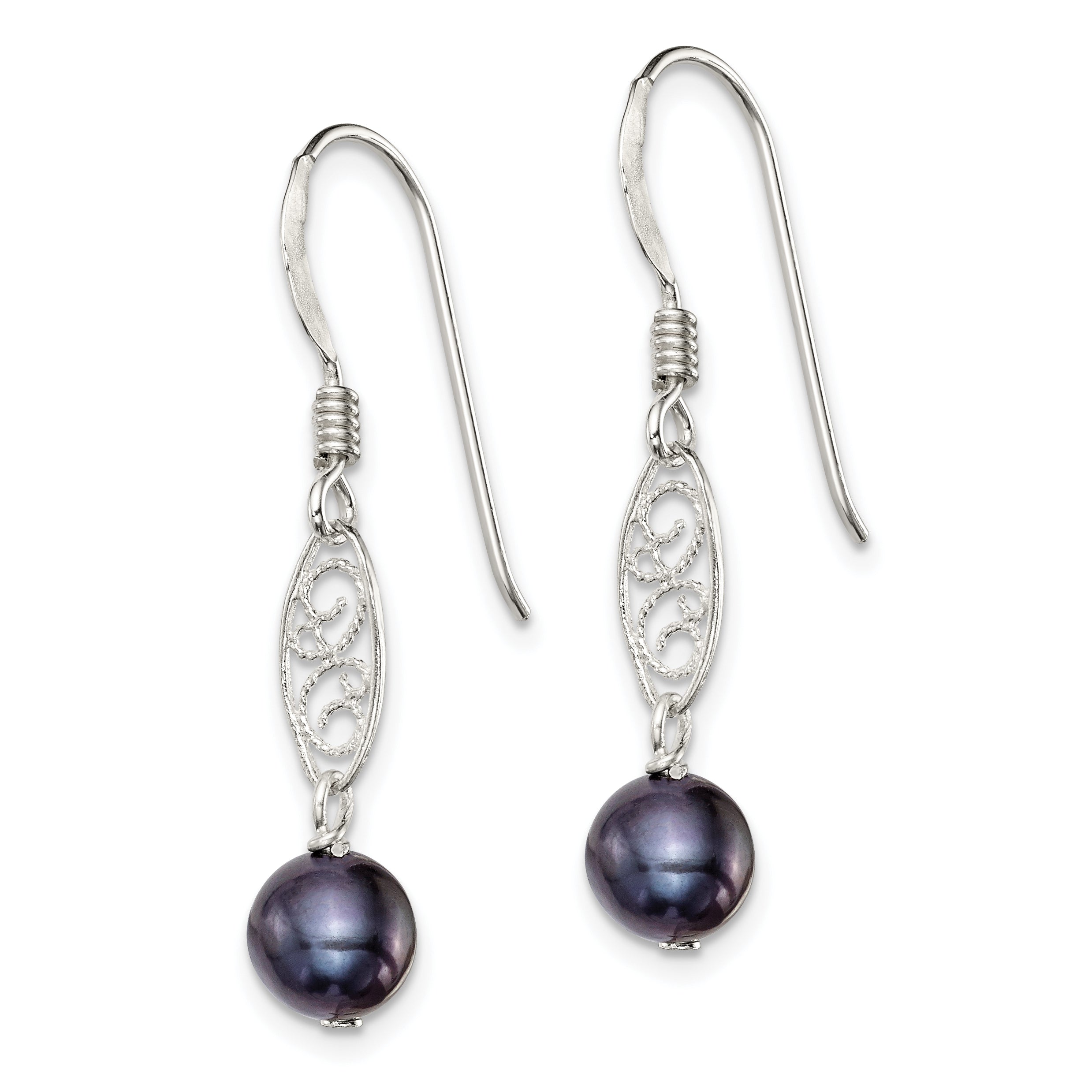 Sterling Silver Polished Filigree 5-6mm Black Freshwater Cultured Pearl Dangle Earrings